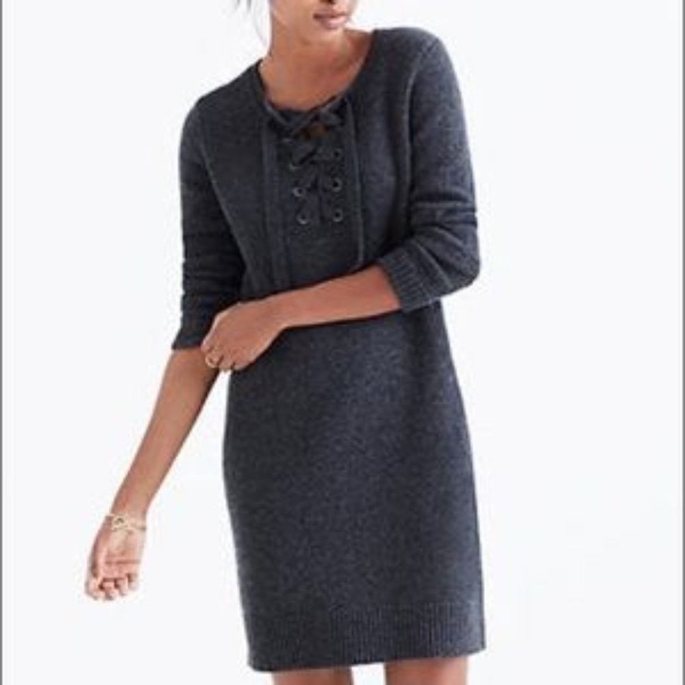 Madewell Gray Merino Wool Lace Up Sweater Dress